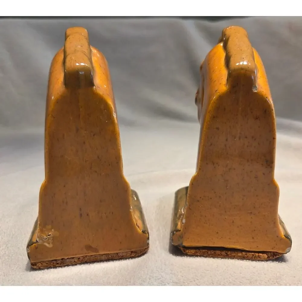 Vtg Pair Horse Head Ceramic Bookends Trojan Art Deco Cork Bottom